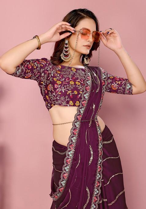 Wine Resham Embroidered Art Silk Saree Set