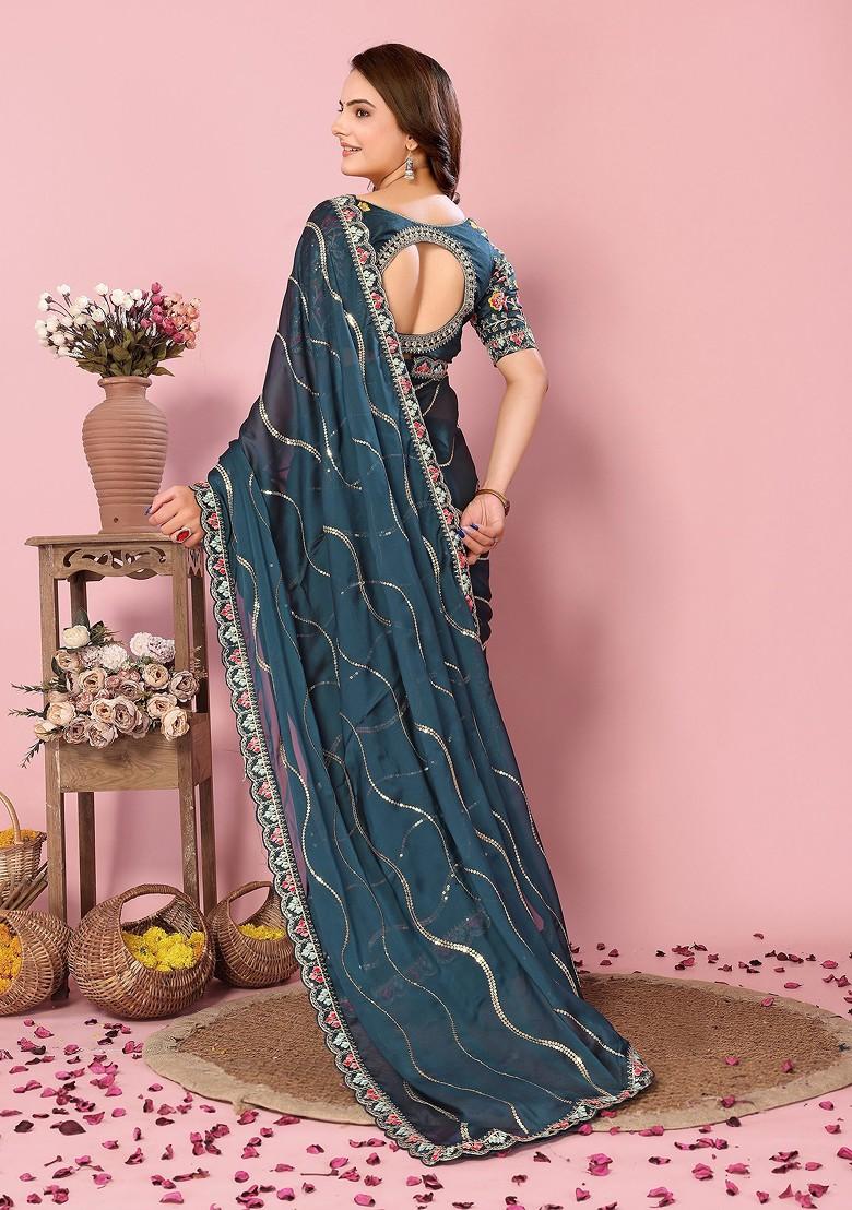 Teal Resham Embroidered Art Silk Saree Set