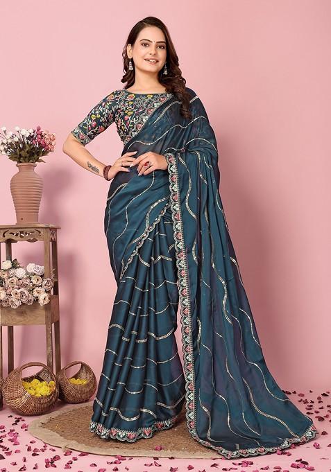 Teal Resham Embroidered Art Silk Saree Set