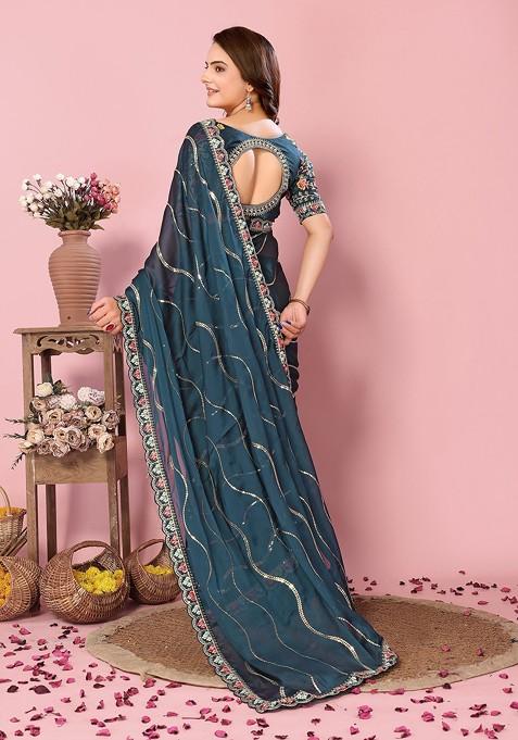 Teal Resham Embroidered Art Silk Saree Set