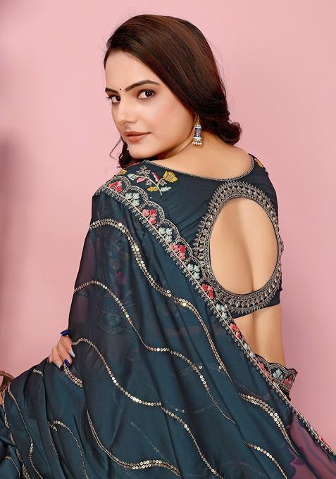 Teal Resham Embroidered Art Silk Saree Set