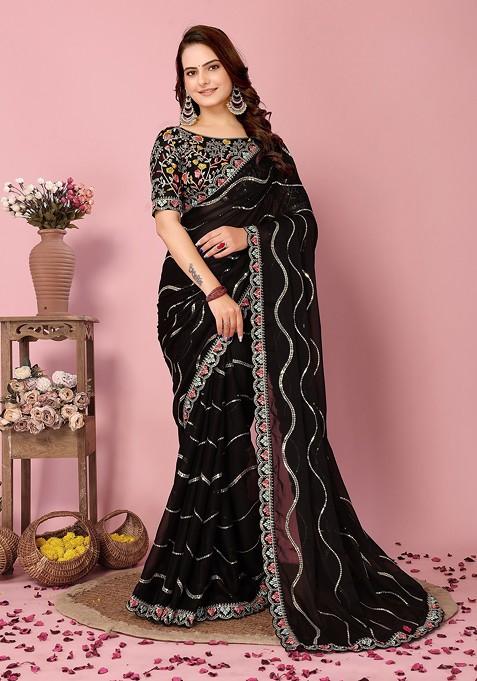 Black Resham Embroidered Art Silk Saree Set