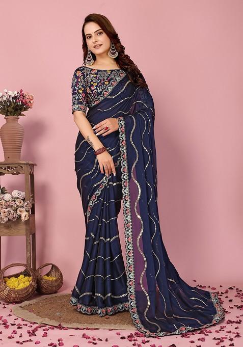 Navy Blue Resham Embroidered Art Silk Saree Set