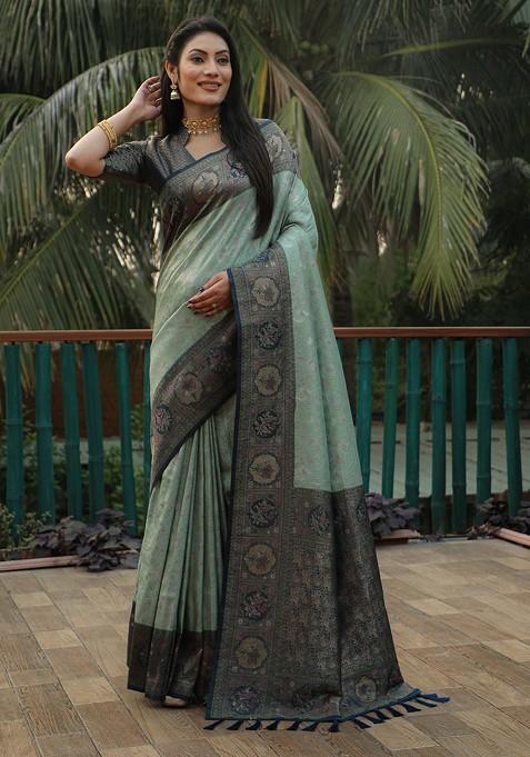 Blue Zari Woven Silk Saree Set