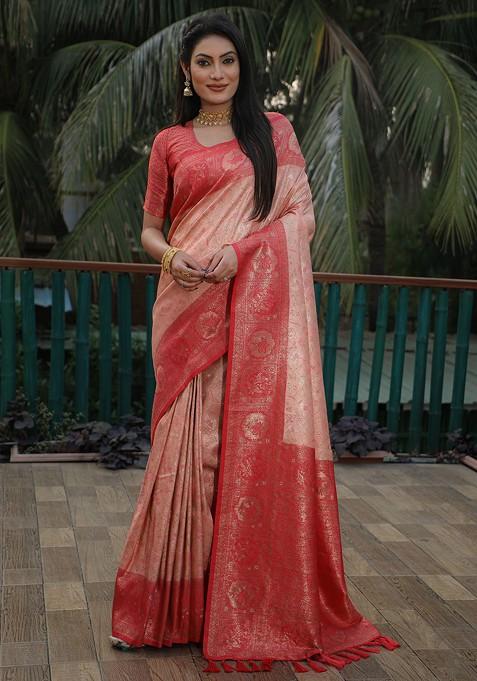 Pink Zari Woven Silk Saree Set