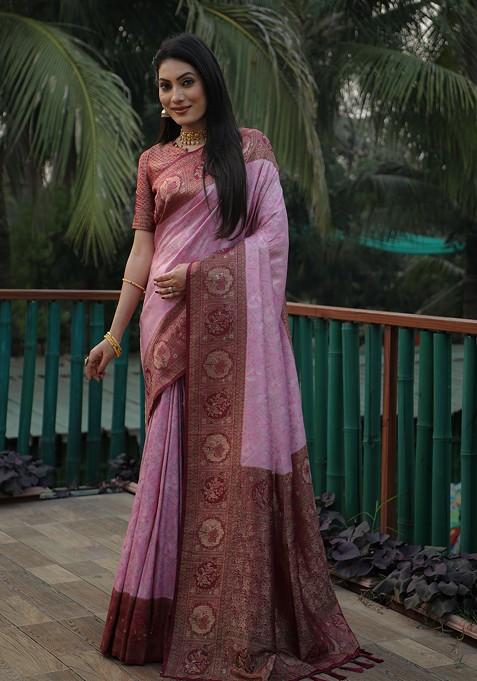 Women Purple Tissue Silk Zari Woven Saree With Unstitched Blouse