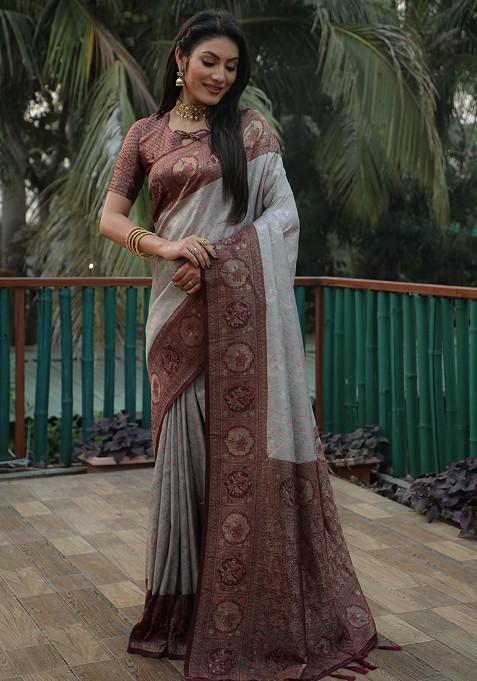 Grey Zari Woven Silk Saree Set