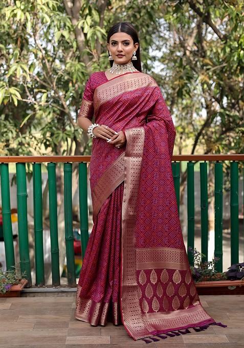 Maroon Bandhej Woven Silk Saree Set