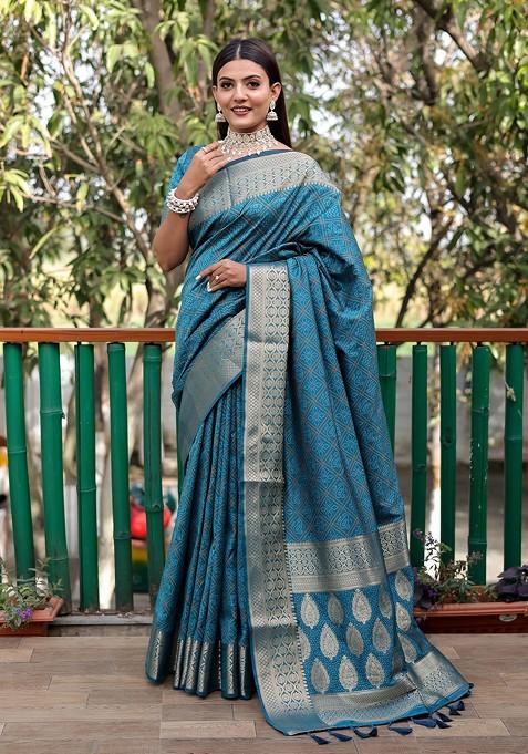 Blue Bandhej Woven Silk Saree Set