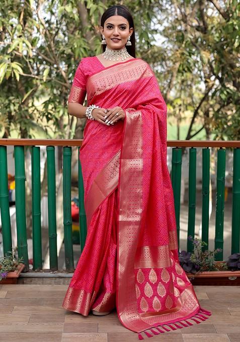 Pink Bandhej Woven Silk Saree Set