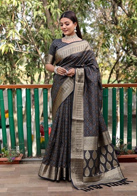 Black Bandhej Woven Silk Saree Set