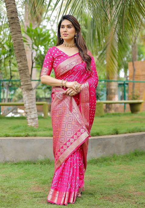 Pink Bandhej Woven Silk Saree Set