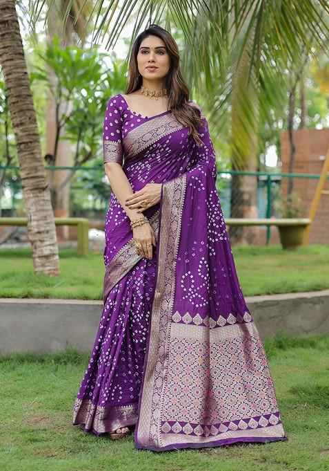 Purple Bandhej Woven Silk Saree Set