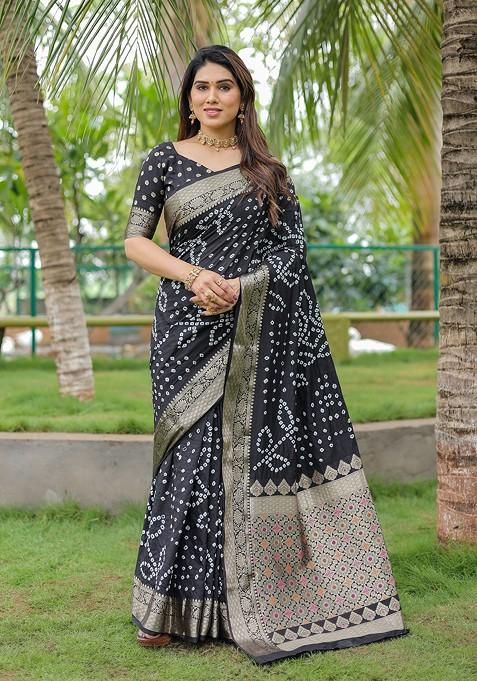 Black Bandhej Woven Silk Saree Set