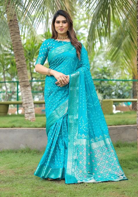 Blue Bandhej Woven Silk Saree Set