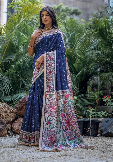 Blue Abstract Print Silk Saree Set