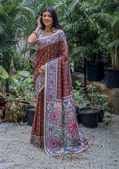 Coffee Brown Abstract Print Silk Saree Set