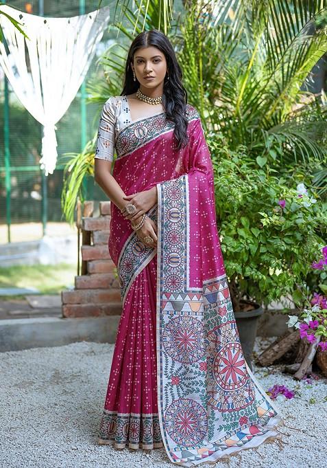 Pink Abstract Print Silk Saree Set