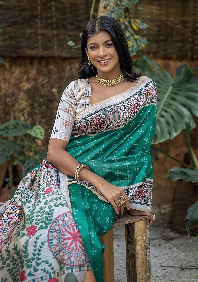 Green Abstract Print Silk Saree Set