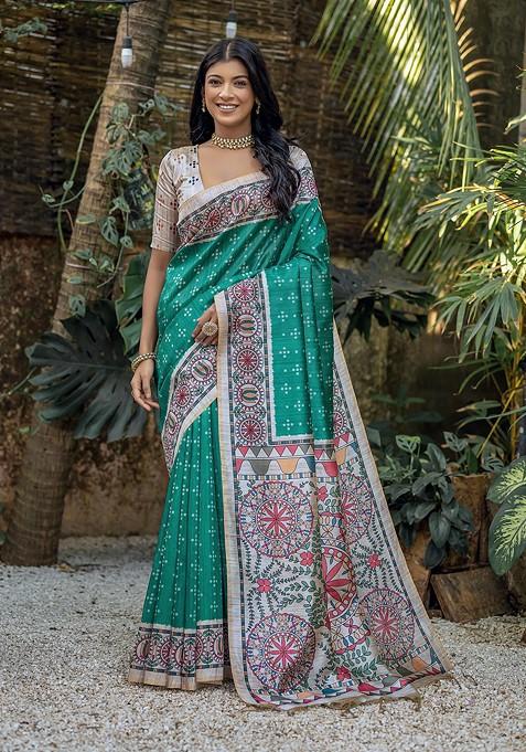 Green Abstract Print Silk Saree Set