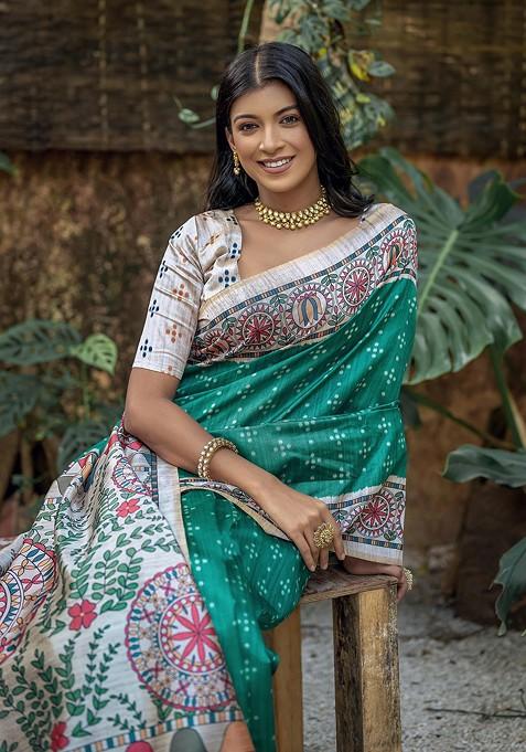 Green Abstract Print Silk Saree Set