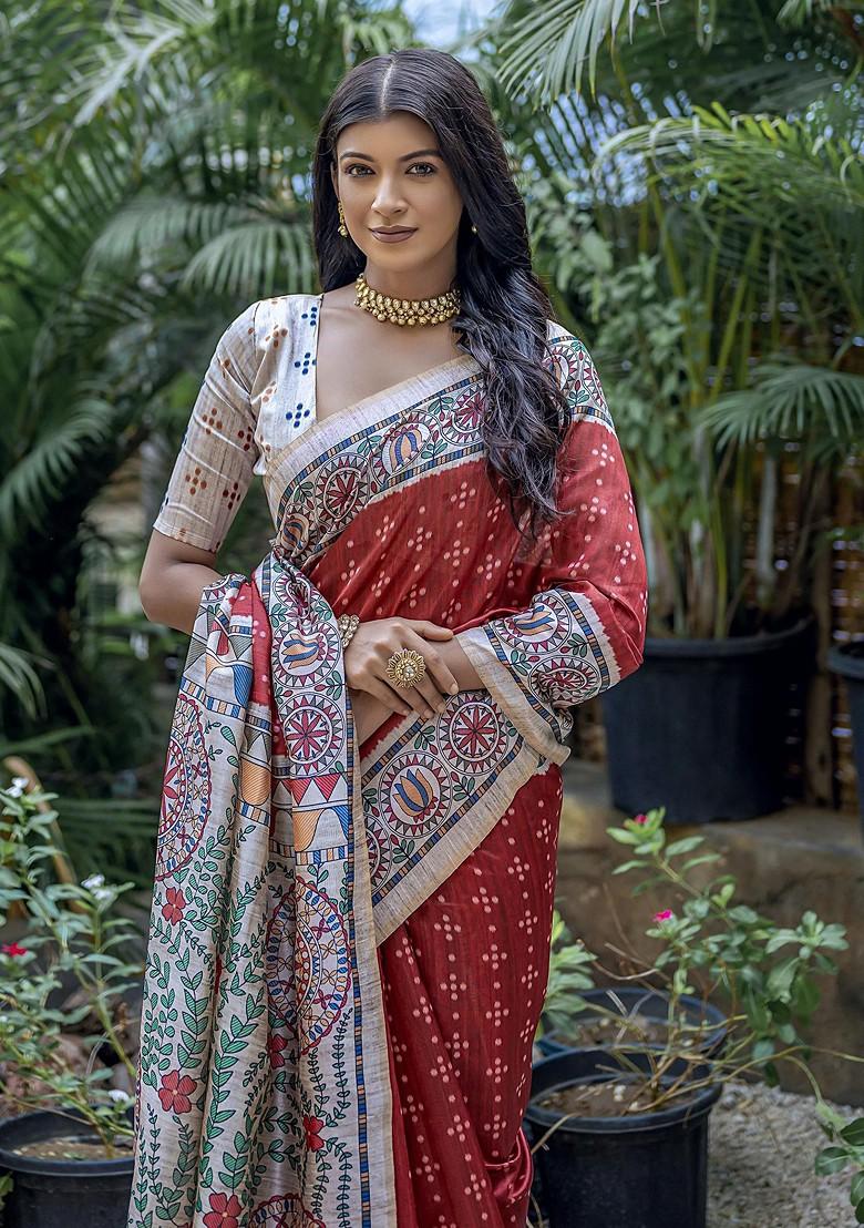 Red Abstract Print Silk Saree Set