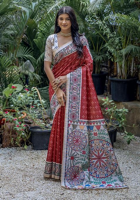 Red Abstract Print Silk Saree Set