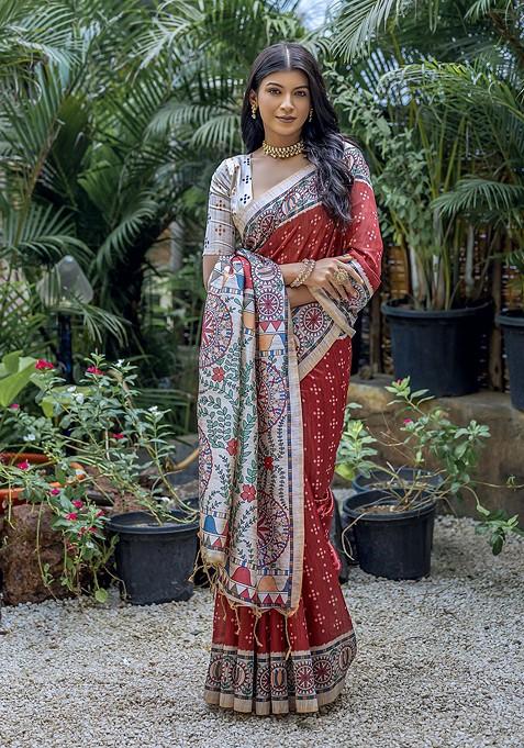 Red Abstract Print Silk Saree Set