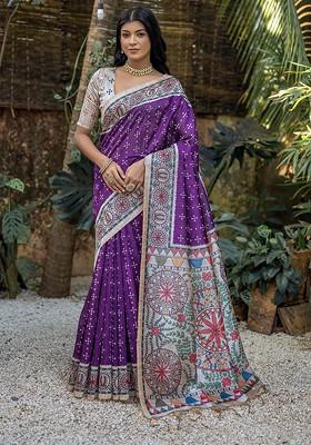 Purple Abstract Print Silk Saree Set