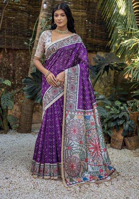 Purple Abstract Print Silk Saree Set