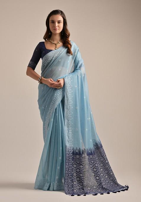 Sky Blue Resham Woven Faux Cotton Saree Set