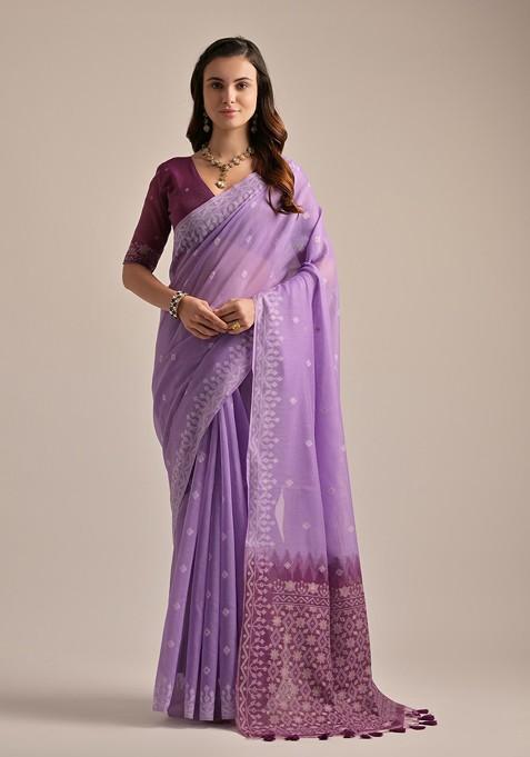 Lavender Resham Woven Faux Cotton Saree Set