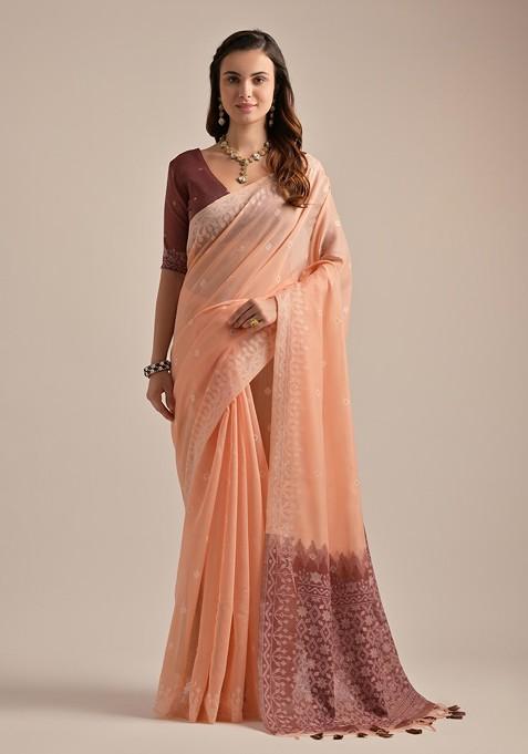 Peach Resham Woven Faux Cotton Saree Set