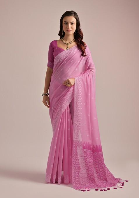 Pink Resham Woven Faux Cotton Saree Set