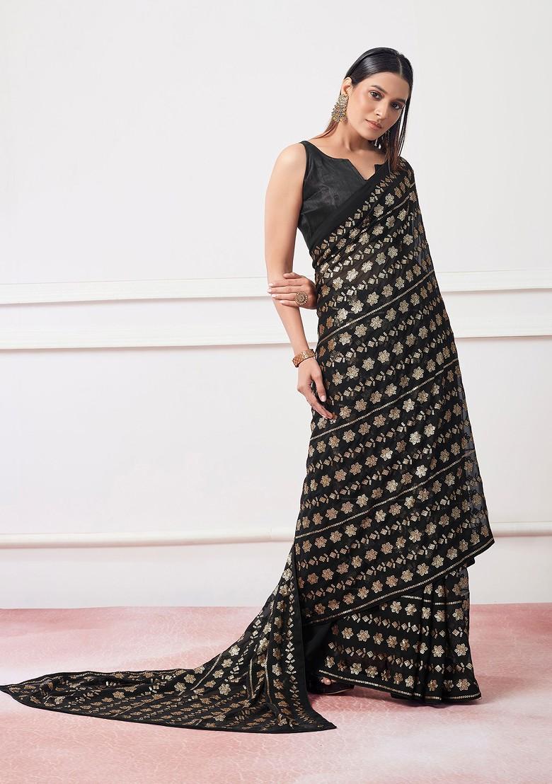 Black Sequin Embroidered Georgette Saree Set - Indya