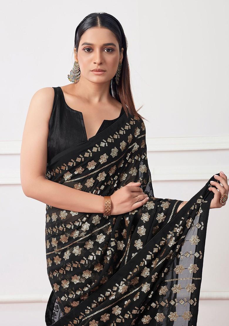 Black Sequin Embroidered Georgette Saree Set - Indya