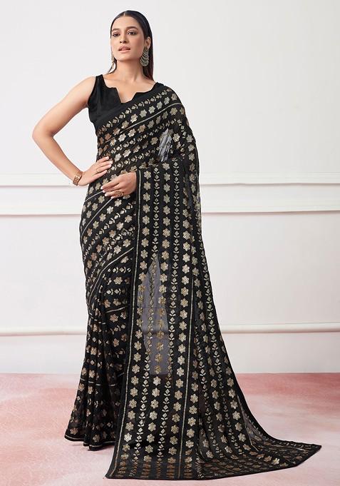 Black Sequin Embroidered Georgette Saree Set