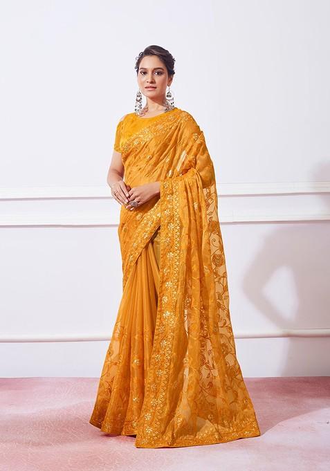 Mustard Resham Embroidered Art Silk Saree Set