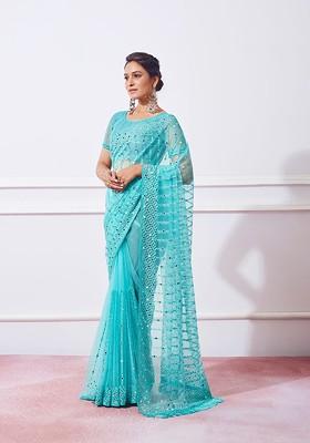 Blue Resham Embroidered Net Saree Set