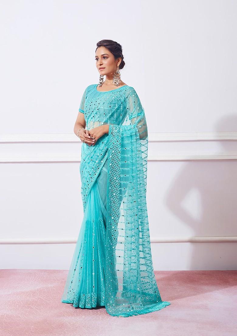 Blue Resham Embroidered Net Saree Set