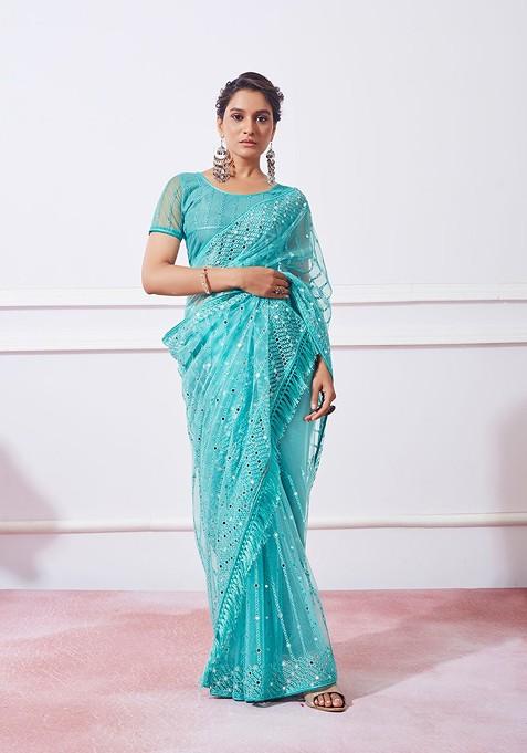 Blue Resham Embroidered Net Saree Set