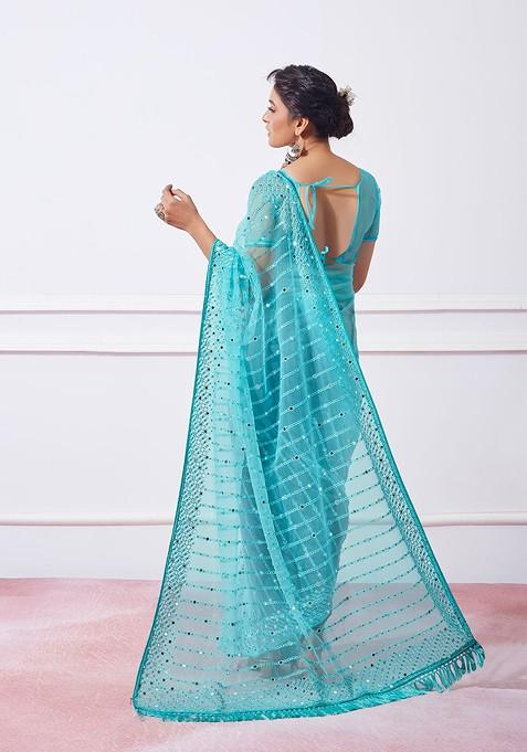 Blue Resham Embroidered Net Saree Set