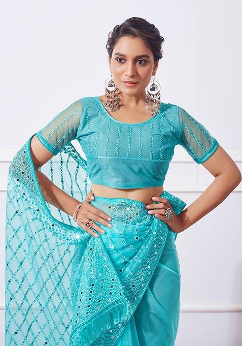 Blue Resham Embroidered Net Saree Set
