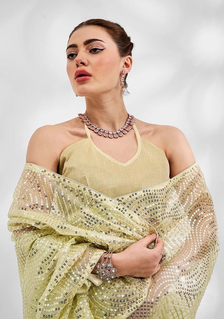 Lime Green Sequin Embroidered Organza Saree Set - Indya