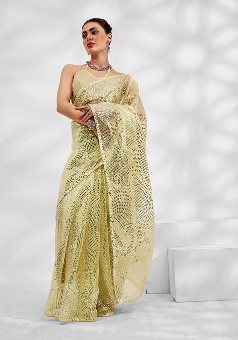 Lime Green Sequin Embroidered Organza Saree Set