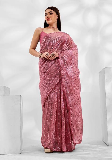 Red Sequin Embroidered Organza Saree Set