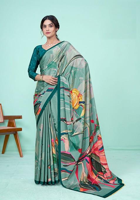 Green Abstract Print Crepe Saree Set