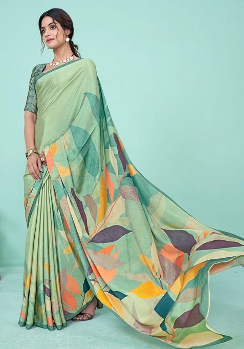 Green Abstract Print Crepe Saree Set