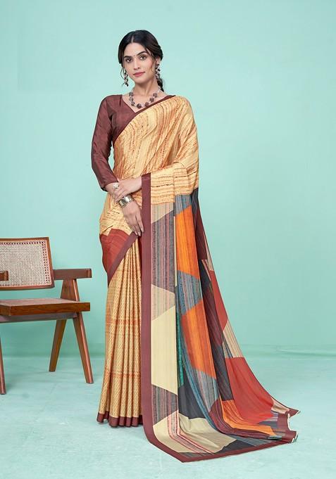 Yellow Abstract Print Crepe Saree Set