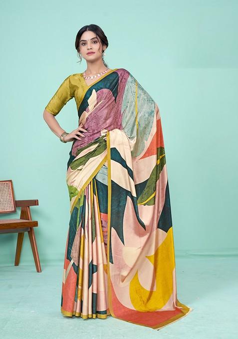 Multicolour Abstract Print Crepe Saree Set